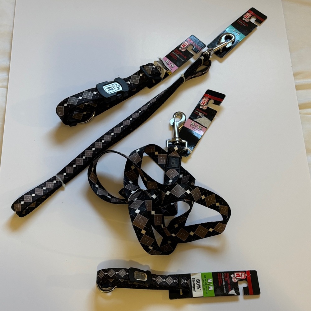 Argyle Dog Leash and Collar Set - Black, Gray, Brown